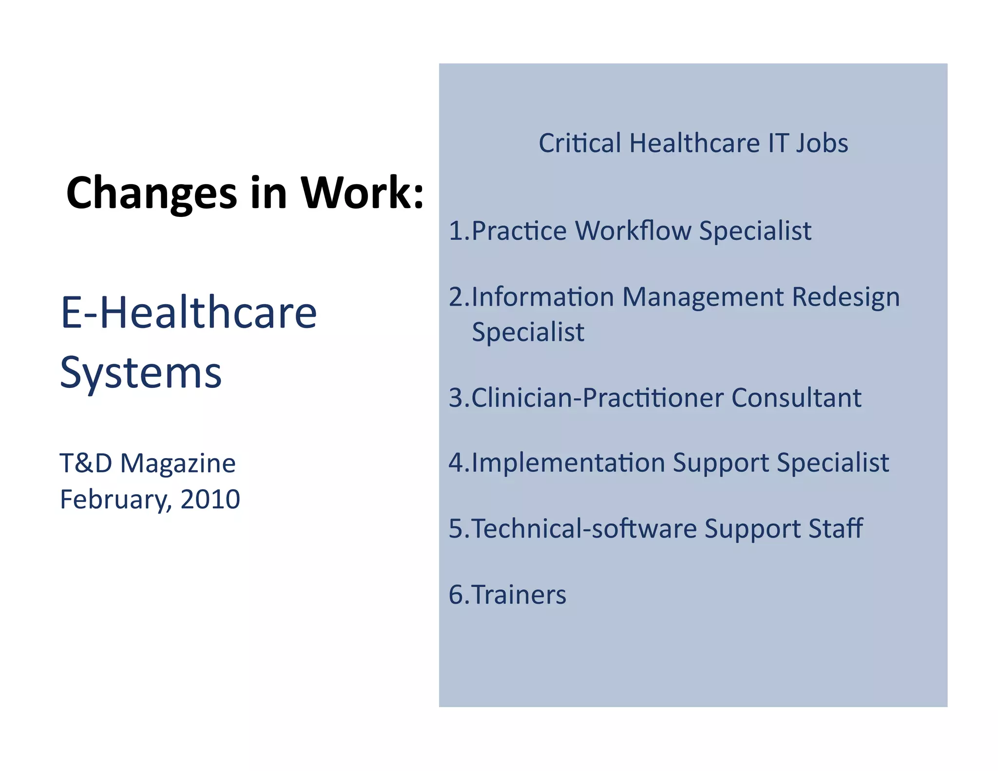 Cri?cal	
  Healthcare	
  IT	
  Jobs	
  
Changes	
  in	
  Work:	
  
                             1. Prac?ce	
  Workﬂow	
  Specialist	
  

                             2. Informa?on	
  Management	
  Redesign	
  
E-­‐Healthcare	
                Specialist	
  
Systems	
                    3. Clinician-­‐Prac??oner	
  Consultant	
  

T&D	
  Magazine	
  	
        4. Implementa?on	
  Support	
  Specialist	
  
February,	
  2010	
  
                             5. Technical-­‐soRware	
  Support	
  Staﬀ	
  

                             6. Trainers	
  
 