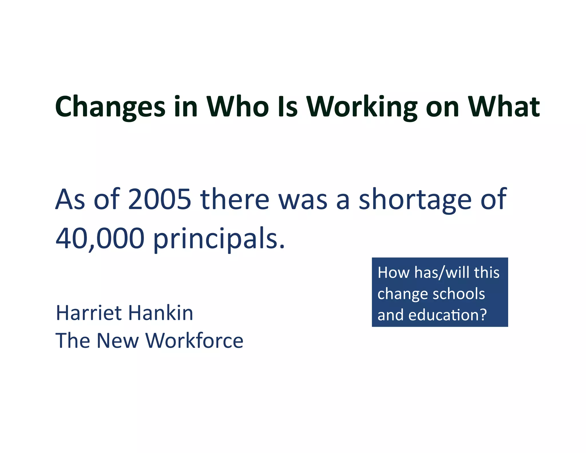 Changes	
  in	
  Who	
  Is	
  Working	
  on	
  What	
  

As	
  of	
  2005	
  there	
  was	
  a	
  shortage	
  of	
  
40,000	
  principals.	
  	
  	
  
                                         How	
  has/will	
  this	
  
                                         change	
  schools	
  
Harriet	
  Hankin	
                      and	
  educa?on?	
  
The	
  New	
  Workforce	
  
 