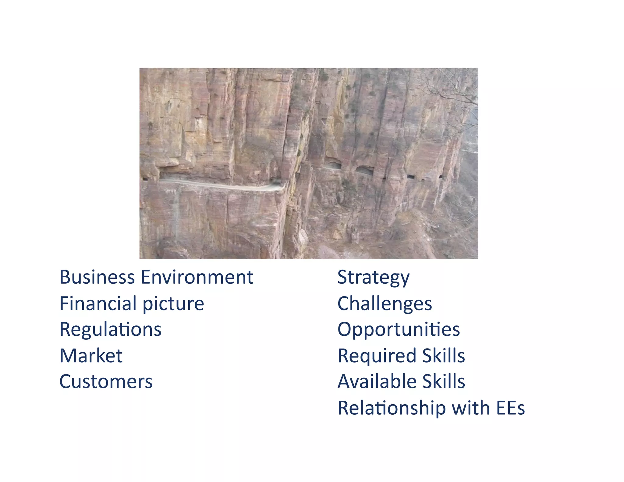 Business	
  Environment	
     Strategy	
  
Financial	
  picture	
        Challenges	
  
Regula?ons	
                  Opportuni?es	
  
Market	
                      Required	
  Skills	
  
Customers	
                   Available	
  Skills	
  
                              Rela?onship	
  with	
  EEs	
  
 