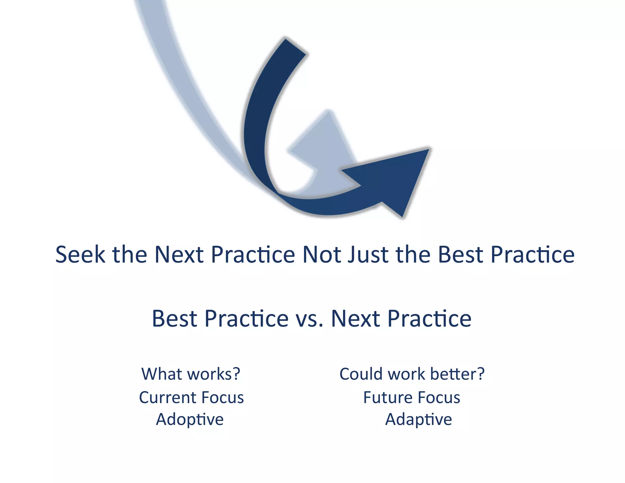 	
  	
  Seek	
  the	
  Next	
  Prac?ce	
  Not	
  Just	
  the	
  Best	
  Prac?ce	
  

	
  	
  	
  	
  	
  	
  	
  	
  	
  	
  	
  	
  	
  	
  	
  	
  	
  	
  	
  Best	
  Prac?ce	
  vs.	
  Next	
  Prac?ce	
  
	
  	
  	
  	
  	
  	
  	
  	
  	
  	
  	
  	
  	
  	
  	
  	
  	
  	
  	
  	
  	
  What	
  works?	
   	
                                                                        	
   	
  	
  	
  	
  	
  	
  Could	
  work	
  bewer?	
  
	
  	
  	
  	
  	
  	
  	
  	
  	
  	
  	
  	
  	
  	
  	
  	
  	
  	
  	
  	
  	
  	
  	
  	
  Current	
  Focus	
  	
  	
  	
  	
  	
  	
  	
  	
  	
  	
  	
  	
  	
  	
  	
  	
  	
  	
  	
  	
  	
  	
  	
  	
  	
  	
  	
  Future	
  Focus	
  
	
  	
  	
  	
  	
  	
  	
  	
  	
  	
  	
  	
  	
  	
  	
  	
  	
  	
  	
  	
  	
  	
  	
  	
  	
  	
  	
  	
  Adop?ve	
  	
  	
  	
  	
  	
  	
  	
  	
  	
  	
  	
  	
  	
  	
  	
  	
  	
  	
  	
  	
  	
  	
  	
  	
  	
  	
  	
  	
  	
  	
  	
  	
  	
  	
  	
  	
  	
  Adap?ve	
  
 