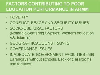 FACTORS CONTRIBUTING TO POOR
EDUCATION PERFORMANCE IN ARMM
• POVERTY
• CONFLICT, PEACE AND SECURITY ISSUES
• SOCIO-CULTURAL FACTORS
(Nomadic/Seafaring Gypsies; Western education
VS. Islamic)
• GEOGRAPHICAL CONSTRAINTS
• GOVERNANCE ISSUES
• INADEQUATE GOVERNMENT FACILITIES (568
Barangays without schools, Lack of classrooms
and facilities)
 