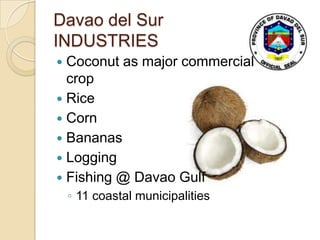 Davao del Sur
INDUSTRIES
 Coconut as major commercial
  crop
 Rice
 Corn
 Bananas
 Logging
 Fishing @ Davao Gulf
    ◦ 11 coastal municipalities
 
