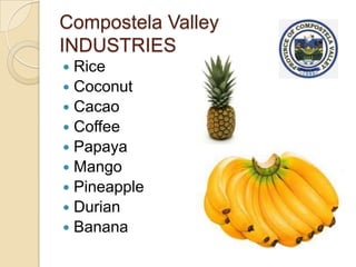 Compostela Valley
INDUSTRIES
 Rice
 Coconut
 Cacao
 Coffee
 Papaya
 Mango
 Pineapple
 Durian
 Banana
 