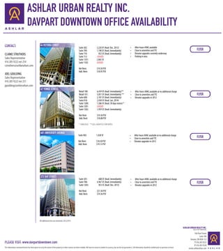 ASHLAR URBAN REALTY INC.
DAVPART DOWNTOWN OFFICE AVAILABILITY
CONTACT:

44 VICTORIA STREET

	

Sales Representative
416 205 9222 ext 254
cstruthers@ashlarurban.com

JOEL GOULDING

67 YONGE STREET

Suite 502:		
Suite 709:		
Suite 710:		
Suite 712:		
Suite 1101:	
Suite 1103:	

2,220 SF (Avail. Dec. 2013)
1,198 SF (Avail. Immediately)
832 SF (Avail. Immediately)
LEASED
2,065 SF
LEASED

Net Rent:		
Add. Rent:		

CLARKE STRUTHERS

Sales Representative
416 205 9222 ext 251
jgoulding@ashlarurban.com

	

•	
•	
•	
•	

After hours HVAC available
Close to amenities and TTC
Elevator upgrades currently underway
Parking in area

•	
•	
•	

After hours HVAC available at no additional charge
Close to amenities and TTC
Elevator upgrades in 2012

•	
•	
•	

After hours HVAC available at no additional charge
Close to amenities and TTC
Elevator upgrades in 2012

•	
•	
•	

After hours HVAC available at no additional charge
Close to amenities and TTC
Elevator upgrades in 2012

$19.50 PSF
$18.95 PSF

			
Retail 100:	
Retail 101:	
Suite 600:		
Suite 810: 		
Suite 1200:	
Suite 1201:	
Suite 1202:	

6,439 SF (Avail. Immediately)**
3,051 SF (Avail. Immediately) **
2,181 SF (Avail. Immediately)
2,438 SF (Avail. Jan. 2014)
1,586 SF (Avail. 30 days notice) *
LEASED
1,959 SF (Avail. Immediately)

Net Rent:		
Add. Rent:		

$19.50 PSF
$18.88 PSF

* SUBLEASE **CALL AGENT(S) FOR RATES

481 UNIVERSITY AVENUE

			
1,428 SF

Net Rent:		
Add. Rent:		

372 BAY STREET

Suite 402:		

$18.50 PSF
$19.13 PSF

			
Suite 301:		
Suite 700:		
Suite 1203:	

688 SF (Avail. Immediately)
4,967 SF (Avail. Immediately)
853 SF (Avail. Dec. 2013)

Net Rent:		
Add. Rent:		

$21.50 PSF
$19.36 PSF

All additional rents are estimated, 2012/2013

ASHLAR URBAN REALTY INC.
REAL ESTATE BROKERAGE

PLEASE VISIT: www.davpartdowntown.com
The information contained herein has been given to us by the owner of the property or other sources we deem reliable. We have no reason to doubt its accuracy, but we do not guarantee it. All information should be verified prior to purchase or lease.

166 Pearl Street
Suite 100
Toronto, ON M5H 1L3
T 416 205 9222
F 416 205 9228
www.ashlarurban.com

 