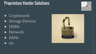 Proprietary Vendor Solutions
● Cryptocards
● Storage Devices
● HSMs
● Network
● SANs
● etc.
DhscommtechatEnglishWikipedia[CCBY-SA3.0(http://creativecommons.org/licenses/by-sa/3.0)via
WikimediaCommons
 