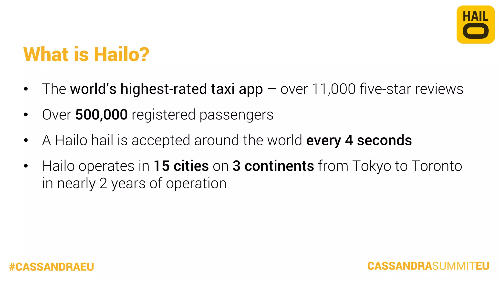 What is Hailo?
•  The world’s highest-rated taxi app – over 11,000 ﬁve-star reviews
•  Over 500,000 registered passengers
•  A Hailo hail is accepted around the world every 4 seconds
•  Hailo operates in 15 cities on 3 continents from Tokyo to Toronto
in nearly 2 years of operation


#CASSANDRAEU

CASSANDRASUMMITEU

 