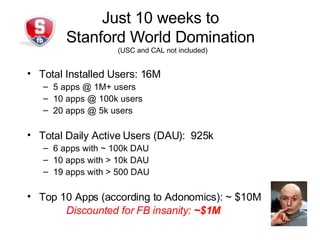 Total Installed Users: 16M 5 apps @ 1M+ users 10 apps @ 100k users 20 apps @ 5k users Total Daily Active Users (DAU): 925k 6 apps with ~ 100k DAU 10 apps with > 10k DAU 19 apps with > 500 DAU Top 10 Apps (according to Adonomics): ~ $10M Just 10 weeks to Stanford World Domination (USC and CAL not included) Discounted for FB insanity: ~$1M