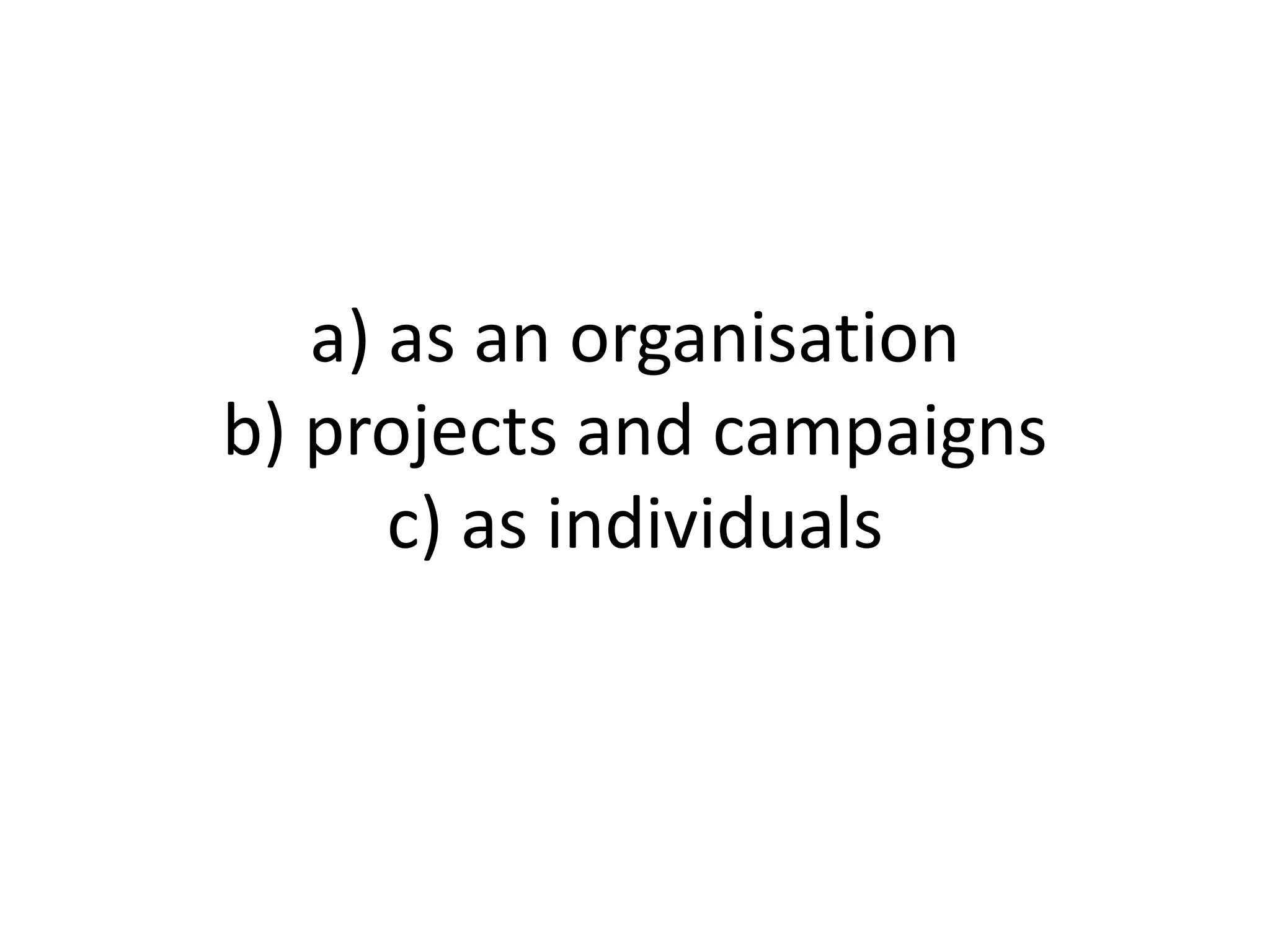 a) as an organisation
b) projects and campaigns
c) as individuals