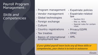 Payroll Program
Management:
Skills and
Competencies
• Program management
• Vendor management
• Global technologies
• Foreign exchange
• Culture
• Country registrations
• Tax treaties
• Basics of international
employment law
• Expatriate policies
• Expatriate-related
law
• Section 911
• RAs vs. NRAs
• Special rules for certain
visas
• Privacy/GDPR
• OFAC
• AML
If your global payroll team lacks any of these skills or
competencies, your choice is to train or outsource
 