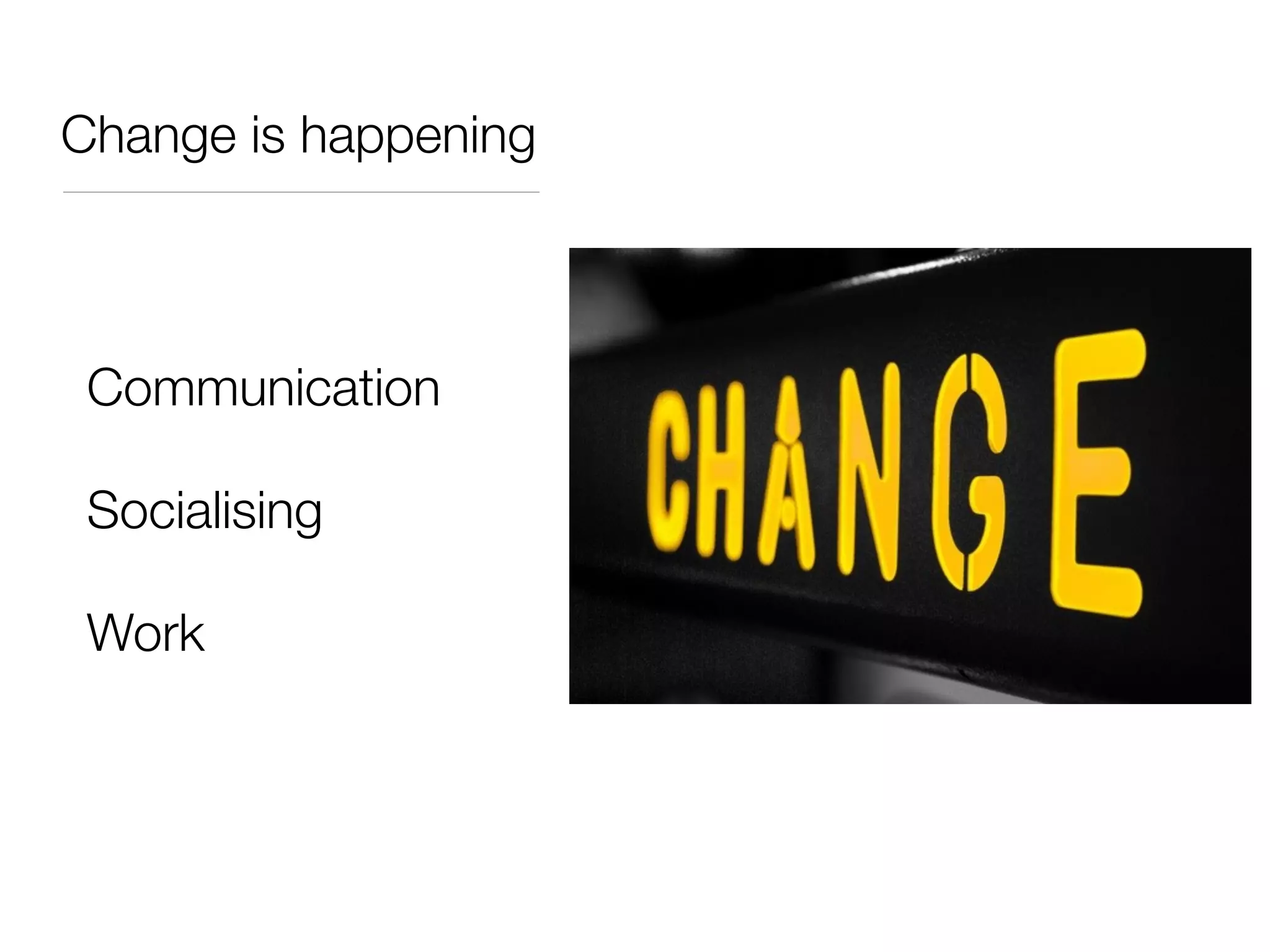 Change is happening
Communication
Socialising
Work