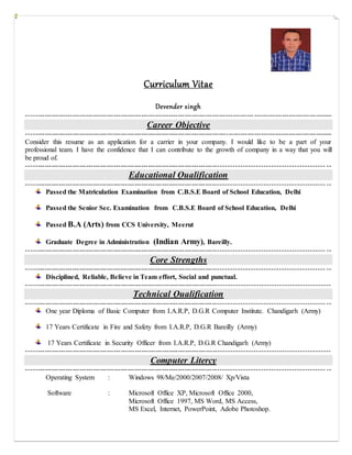 Curriculum Vitae
Devender singh
--------------------------------------------------------------------------------------------------- ----------------------------------
Career Objective
-------------------------------------------------------------------------------------------------------------------------------------
Consider this resume as an application for a carrier in your company. I would like to be a part of your
professional team. I have the confidence that I can contribute to the growth of company in a way that you will
be proud of.
----------------------------------------------------------------------------------------------------------------------------- --
Educational Qualification
----------------------------------------------------------------------------------------------------------------------------- --
Passed the Matriculation Examination from C.B.S.E Board of School Education, Delhi
Passed the Senior Sec. Examination from C.B.S.E Board of School Education, Delhi
Passed B.A (Arts) from CCS University, Meerut
Graduate Degree in Administration (Indian Army), Bareilly.
----------------------------------------------------------------------------------------------------------------------------- --
Core Strengths
----------------------------------------------------------------------------------------------------------------------------- --
Disciplined, Reliable, Believe in Team effort, Social and punctual.
-------------------------------------------------------------------------------------------------------------------------------
Technical Qualification
----------------------------------------------------------------------------------------------------------------------------- --
One year Diploma of Basic Computer from I.A.R.P, D.G.R Computer Institute. Chandigarh (Army)
17 Years Certificate in Fire and Safety from I.A.R.P, D.G.R Bareilly (Army)
17 Years Certificate in Security Officer from I.A.R.P, D.G.R Chandigarh (Army)
-------------------------------------------------------------------------------------------------------------------------------
Computer Litercy
----------------------------------------------------------------------------------------------------------------------------- --
Operating System : Windows 98/Me/2000/2007/2008/ Xp/Vista
Software : Microsoft Office XP, Microsoft Office 2000,
Microsoft Office 1997, MS Word, MS Access,
MS Excel, Internet, PowerPoint, Adobe Photoshop.
 
