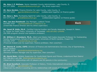 Ms. Amy J. P. McEwan ,  Senior Assistant County Administrator, Lake County, IL 847.377.2000 [email_address] (My direct supervisor) Mr. Gary Gordon ,  Finance Director for Lake County, Lake County, IL 847.377.2233 [email_address]   (collaborated together on finance guide) Mr. Gary L. Reis ,  Purchasing Agent for Lake County, Lake County, IL 847.377.2180 [email_address] (collaborated together on finance guide) Mrs. Lee Ann Dumbauld , City Manager, Lubbock Texas 919.962.3707 [email_address] (Greenville Finance Director and my direct supervisor) Ms. Janet M. Kelly, Ph.D .,  Certified Internal Auditor and Faculty Associate, Howard H.?Baker,  Jr.?Center for Public Policy, University of Tennessee  web.utk.edu/~jmkelly   (My MPA program director and statistics professor)  Mr. William C. Rivenbark, Ph.D.,  Albert and Gladys Hall Coates Associate Professor for Outstanding Faculty Achievement, School of Government, University of North Carolina, Chapel Hill.  919.962.3707 [email_address]   (Financial Analyst and my supervisor, finance professor, then coworker) Mr. Dennis R. Locke, CGFO , Director of Finance and Administrative Services, City of Spartanburg,  South Carolina. 864.596.2059 [email_address] (Revenue Division Manager and my supervisor, then coworker)  Mr. David Mohr , Athletic Supervisor for Youth/Adult Sports and Fitness, Lindenhurst Park District  847.356.6011 ext.106 [email_address] (Observed my relationships with 45 players and 90 parents in the community) Mr. Brad Gundlach , Associate Professor of History, Trinity International University, Deerfield, Illinois.  847.945.8800  [email_address] (Observed my efforts in scouting and my relationships with scouts and parents) Back 