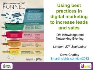 Using best
   practices in
digital marketing
to increase leads
    and sales
   IDM Knowledge and
   Networking Evening

 London, 27th September

      Dave Chaffey
SmartInsights.com/idm2012

                 1
 