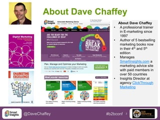 About Dave Chaffey
•
•

•

•

@DaveChaffey

About Dave Chaffey
A professional trainer
in E-marketing since
1997
Author of 5 bestselling
marketing books now
in their 4th and 5th
edition
Manages
SmartInsights.com a
marketing advice site
with paid members in
over 50 countries
Insights Director at
agency ClickThrough
Marketing

#b2bconf

2

 
