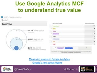 Use Google Analytics MCF
to understand true value

Measuring assists in Google Analytics
Google’s new social reports
@DaveChaffey

#b2bconf

23

2
3

 