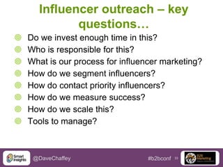 Influencer outreach – key
questions…









Do we invest enough time in this?
Who is responsible for this?
What is our process for influencer marketing?
How do we segment influencers?
How do contact priority influencers?
How do we measure success?
How do we scale this?
Tools to manage?

@DaveChaffey

#b2bconf

33

 