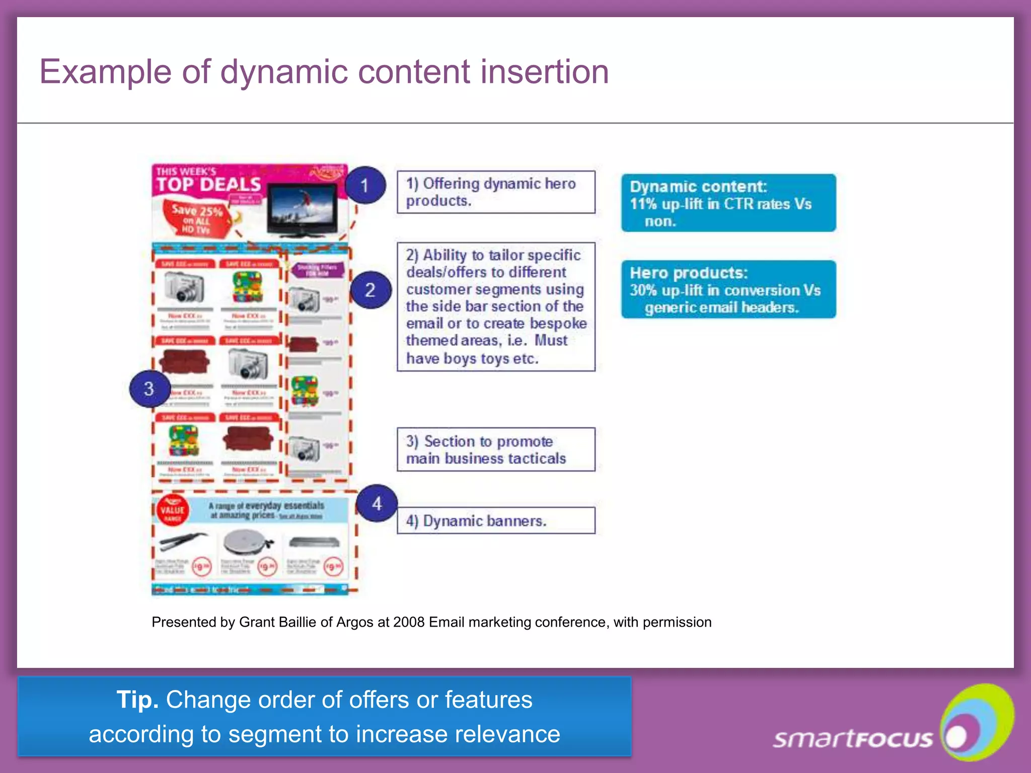 Q2. How can we engage more through email? Developing an engagement strategyTargeting is key, as well as a lot more cost effective. There is a definite law of diminishing returns in that you can only ‘Spray & Pray’ with untargeted, mass, generic email broadcasts for so long before you start to  see a negative impact on your opens, clicks, conversions and unsubscribes. Think about your industry, what it is you sell, relevancy for the customer and what level of frequency of contact is appropriate. Grant Baillie Multi-channel Customer Retention Manager Argos.co.ukDMA Info Box : http://email.dma.org.uk/_attachments/resources/5665_S4.html