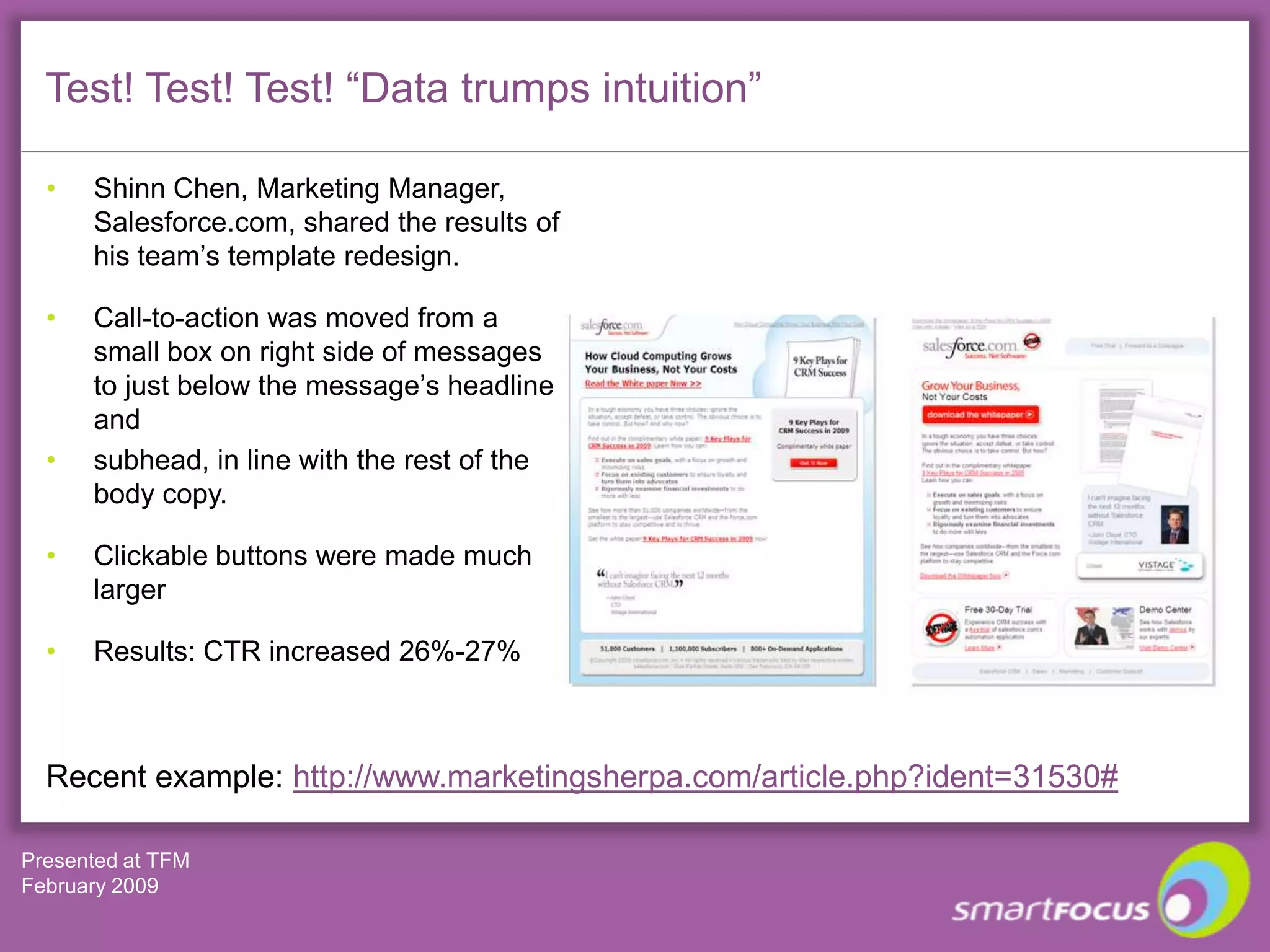 Make hyperlinkedLarge fonts work wellImages often missedUse text link calls-to-actionReaders scan down the left of an E-mailFirst part of para importantF shape eyetrackEmail intros skippedUse to personalise and engagee.g. with hyperlinksReview your template layout carefullyTip: Check email works with images blockedand within preview pane