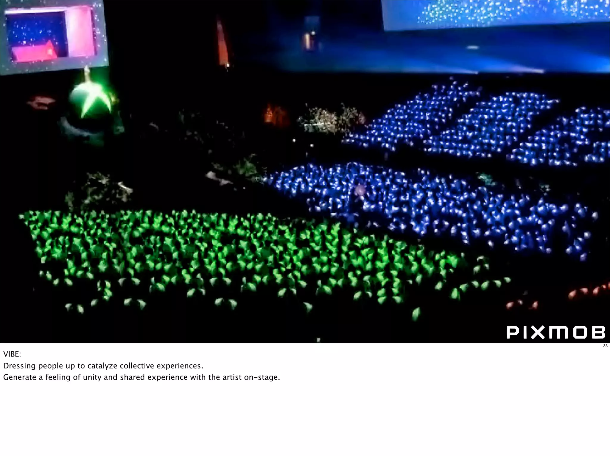 33

VIBE:
Dressing people up to catalyze collective experiences.
Generate a feeling of unity and shared experience with the artist on-stage.
 