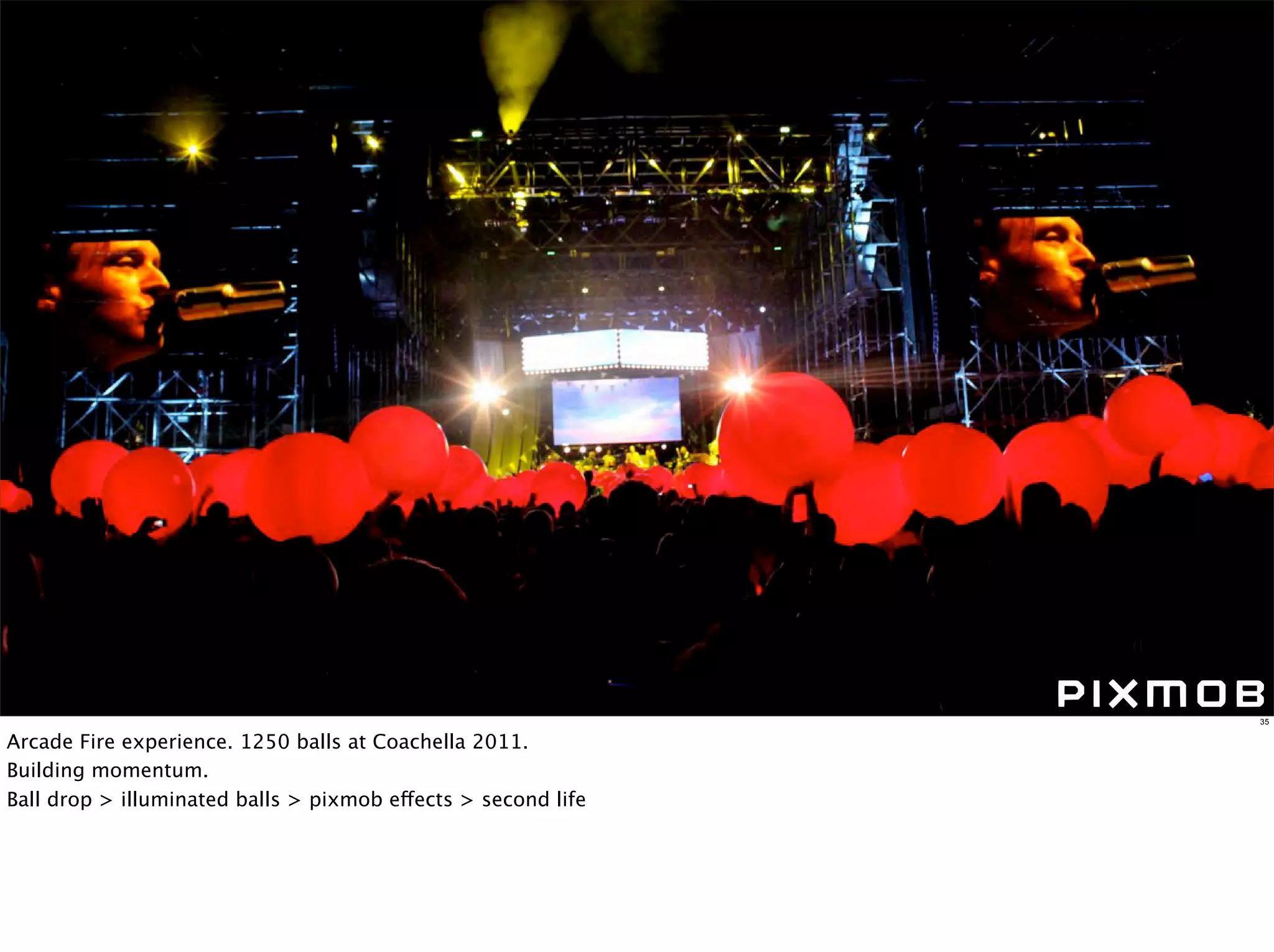 35


Arcade Fire experience. 1250 balls at Coachella 2011.
Building momentum.
Ball drop > illuminated balls > pixmob effects > second life
 