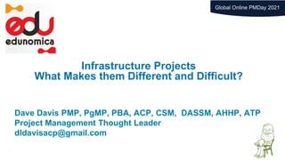 1
1
Infrastructure Projects
What Makes them Different and Difficult?
Dave Davis PMP, PgMP, PBA, ACP, CSM, DASSM, AHHP, ATP
Project Management Thought Leader
dldavisacp@gmail.com
Global Online PMDay 2021
 