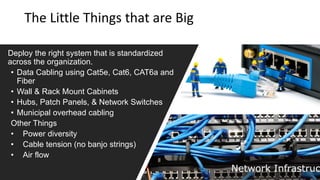 The Little Things that are Big
Deploy the right system that is standardized
across the organization.
• Data Cabling using Cat5e, Cat6, CAT6a and
Fiber
• Wall & Rack Mount Cabinets
• Hubs, Patch Panels, & Network Switches
• Municipal overhead cabling
Other Things
• Power diversity
• Cable tension (no banjo strings)
• Air flow
 