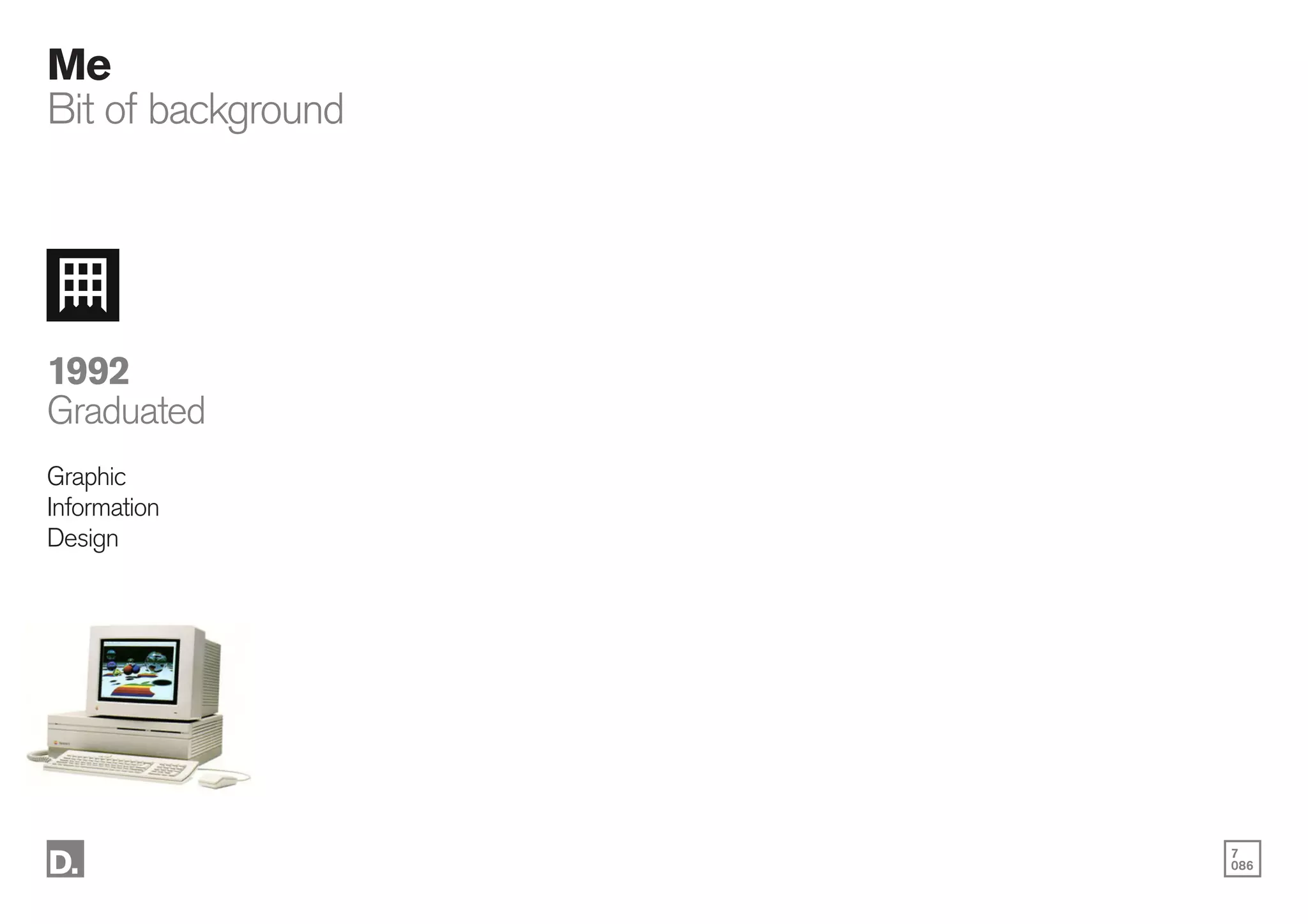 7
086
Me
Bit of background
1992
Graduated
Graphic
Information
Design
 