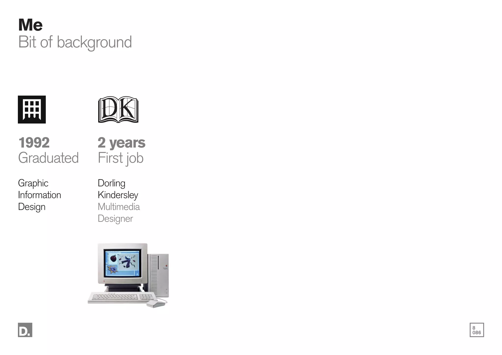 8
086
1992
Graduated
Graphic
Information
Design
2 years
First job
Dorling
Kindersley
Multimedia
Designer
Me
Bit of background
 