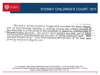 SYDNEY CHILDREN’S COURT, 1911




     C. K. Mackellar, "State Children Relief Board. Report of the President... For the Year Ended 5 April, 1911.“
Joint Volumes of Papers Presented to the Legislative Council and Legislative Assembly. Session of 1911 - 12, vol. 2
                            .(Sydney: William Applegate Gullick, Govt. Printer, 1911), 37.

                                                                                                                      26
 