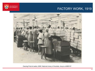 FACTORY WORK, 1919




Canning Fruit at Leeton, NSW, National Library of Australia, nla.pic-vn4969147.

                                                                                  40
 