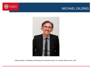 MICHAEL GILDING




Gilding, Michael. The Making and Breaking of the Australian Family. St. Leonards: Allen & Unwin, 1991.




                                                                                                         7
 