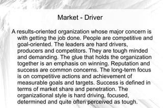 Market - Driver

A results-oriented organization whose major concern is
  with getting the job done. People are competitive and
  goal-oriented. The leaders are hard drivers,
  producers and competitors. They are tough minded
  and demanding. The glue that holds the organization
  together is an emphasis on winning. Reputation and
  success are common concerns. The long-term focus
  is on competitive actions and achievement of
  measurable goals and targets. Success is defined in
  terms of market share and penetration. The
  organizational style is hard driving, focused,
  determined and quite often perceived as tough.
 