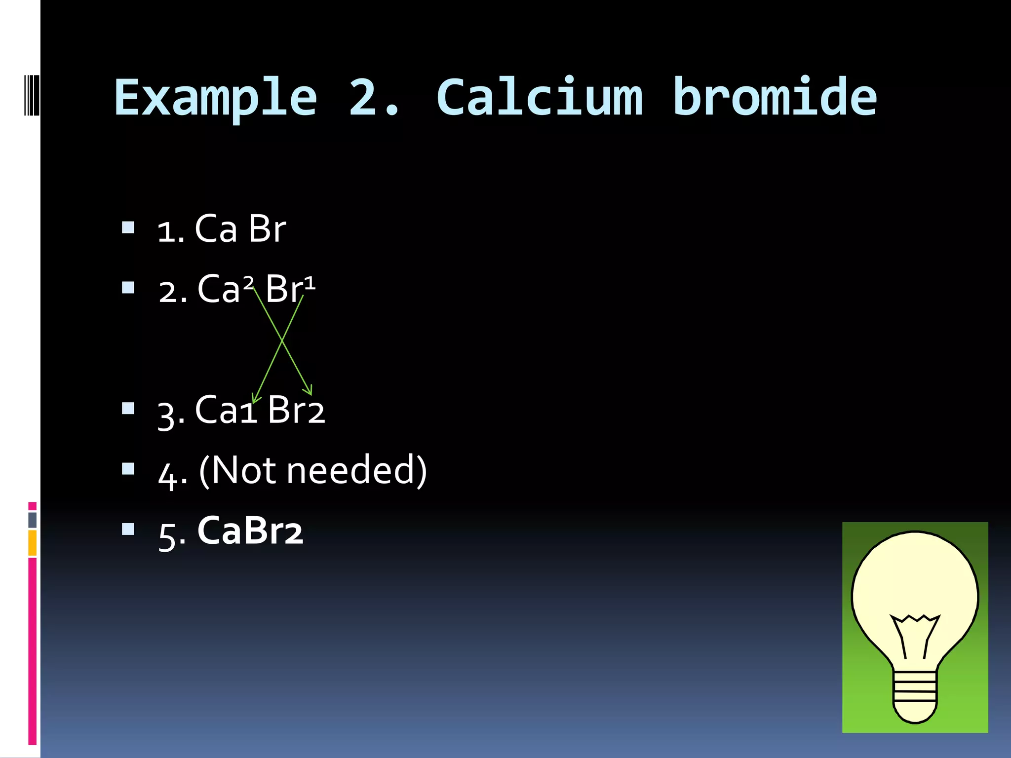 Example 2. Calcium bromide
 1. Ca Br
 2. Ca2 Br1
 3. Ca1 Br2
 4. (Not needed)
 5. CaBr2
 