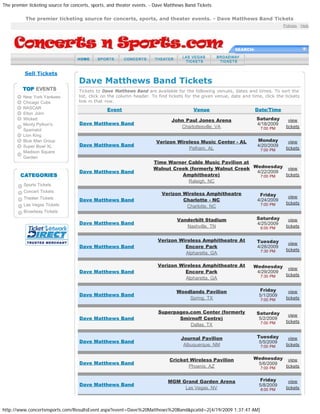 The premier ticketing source for concerts, sports, and theater events. - Dave Matthews Band Tickets

          The premier ticketing source for concerts, sports, and theater events. - Dave Matthews Band Tickets
                                                                                                                                   Policies : Help




                                                                                                            SEARCH:




          Sell Tickets
                                    Dave Matthews Band Tickets
                                    Tickets to Dave Matthews Band are available for the following venues, dates and times. To sort the
         New York Yankees           list, click on the column header. To find tickets for the given venue, date and time, click the tickets
         Chicago Cubs               link in that row.
         NASCAR                                  Event                                    Venue                       Date/Time
         Elton John
         Wicked                                                                 John Paul Jones Arena                 Saturday        view
         Monty Python's             Dave Matthews Band                                                                4/18/2009
                                                                                   Charlottesville, VA                  7:00 PM     tickets
         Spamalot
         Lion King
         Blue Man Group                                                 Verizon Wireless Music Center - AL             Monday         view
         Super Bowl XL              Dave Matthews Band                                                                 4/20/2009
                                                                                    Pelham, AL                          7:00 PM     tickets
         Madison Square
         Garden
                                                                       Time Warner Cable Music Pavilion at
                                                                       Walnut Creek (formerly Walnut Creek Wednesday view
                                    Dave Matthews Band                                                      4/22/2009
                                                                                 Amphitheatre)               7:00 PM  tickets
                                                                                   Raleigh, NC
         Sports Tickets
         Concert Tickets
                                                                           Verizon Wireless Amphitheatre                Friday        view
         Theater Tickets            Dave Matthews Band                             Charlotte - NC                      4/24/2009
         Las Vegas Tickets                                                                                              7:00 PM     tickets
                                                                                    Charlotte, NC
         Broadway Tickets

                                                                                  Vanderbilt Stadium                  Saturday        view
                                    Dave Matthews Band                                                                4/25/2009
                                                                                     Nashville, TN                      6:00 PM     tickets


                                                                         Verizon Wireless Amphitheatre At              Tuesday        view
                                    Dave Matthews Band                             Encore Park                         4/28/2009
                                                                                                                        7:30 PM     tickets
                                                                                   Alpharetta, GA

                                                                         Verizon Wireless Amphitheatre At            Wednesday        view
                                    Dave Matthews Band                             Encore Park                        4/29/2009
                                                                                                                        7:30 PM     tickets
                                                                                   Alpharetta, GA

                                                                                  Woodlands Pavilion                    Friday        view
                                    Dave Matthews Band                                                                  5/1/2009
                                                                                      Spring, TX                        7:00 PM     tickets


                                                                         Superpages.com Center (formerly              Saturday        view
                                    Dave Matthews Band                          Smirnoff Centre)                       5/2/2009
                                                                                                                        7:00 PM     tickets
                                                                                    Dallas, TX

                                                                                    Journal Pavilion                   Tuesday        view
                                    Dave Matthews Band                                                                  5/5/2009
                                                                                     Albuquerque, NM                    7:00 PM     tickets


                                                                               Cricket Wireless Pavilion             Wednesday        view
                                    Dave Matthews Band                                                                5/6/2009
                                                                                      Phoenix, AZ                       7:00 PM     tickets


                                                                              MGM Grand Garden Arena                    Friday        view
                                    Dave Matthews Band                                                                  5/8/2009
                                                                                   Las Vegas, NV                        8:00 PM     tickets



http://www.concertsnsports.com/ResultsEvent.aspx?event=Dave%20Matthews%20Band&pcatid=2[4/19/2009 1:37:47 AM]
 