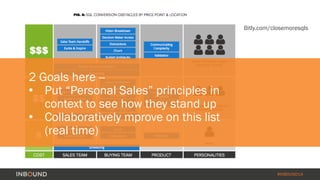 Bitly.com/closemoresqls 
#INBOUND14 
2 Goals here -- 
• Put “Personal Sales” principles in 
context to see how they stand up 
• Collaboratively mprove on this list 
(real time) 
 