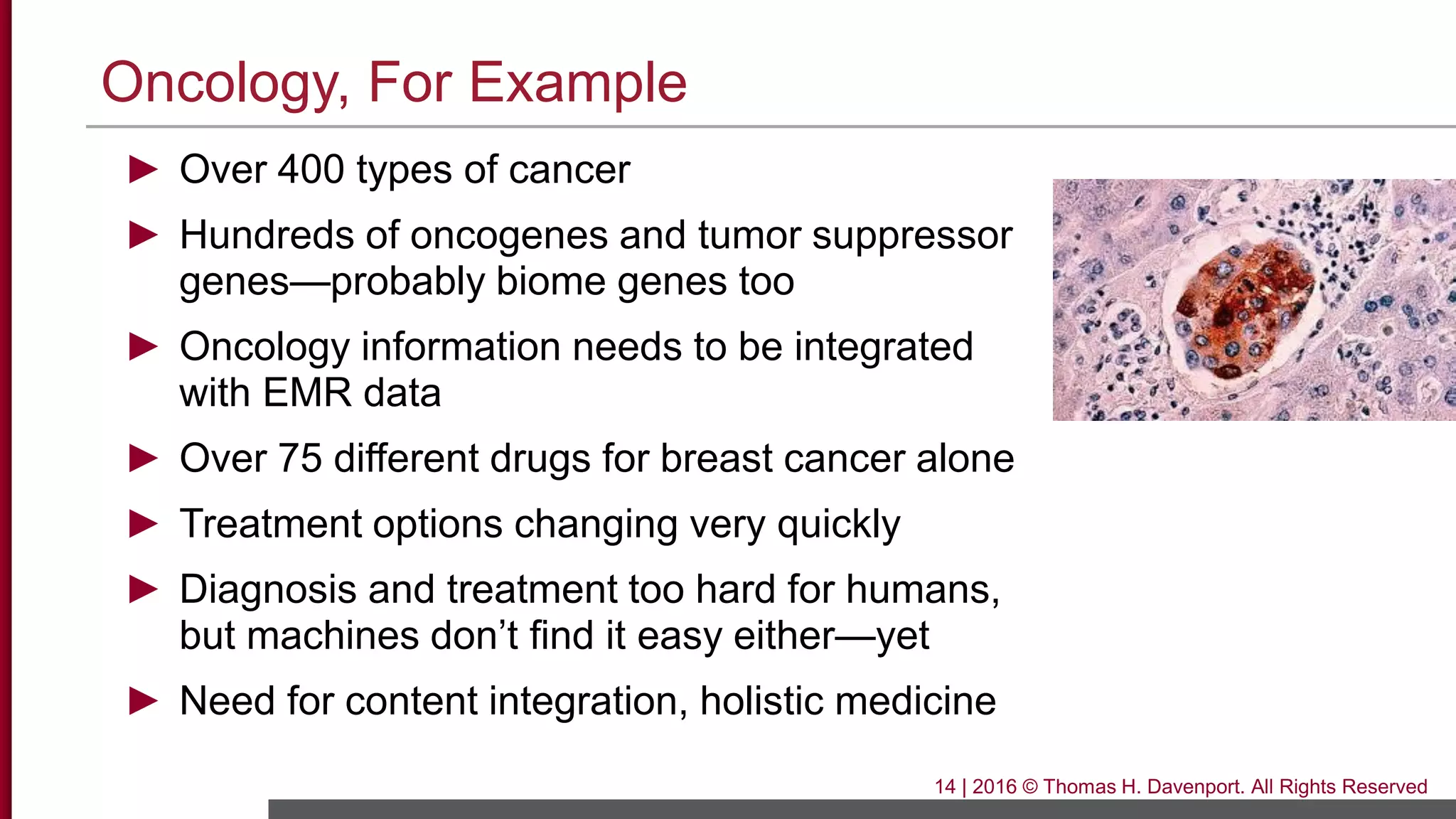 Oncology, For Example
► Over 400 types of cancer
► Hundreds of oncogenes and tumor suppressor
genes—probably biome genes too
► Oncology information needs to be integrated
with EMR data
► Over 75 different drugs for breast cancer alone
► Treatment options changing very quickly
► Diagnosis and treatment too hard for humans,
but machines don’t find it easy either—yet
► Need for content integration, holistic medicine
14 | 2016 © Thomas H. Davenport. All Rights Reserved
 