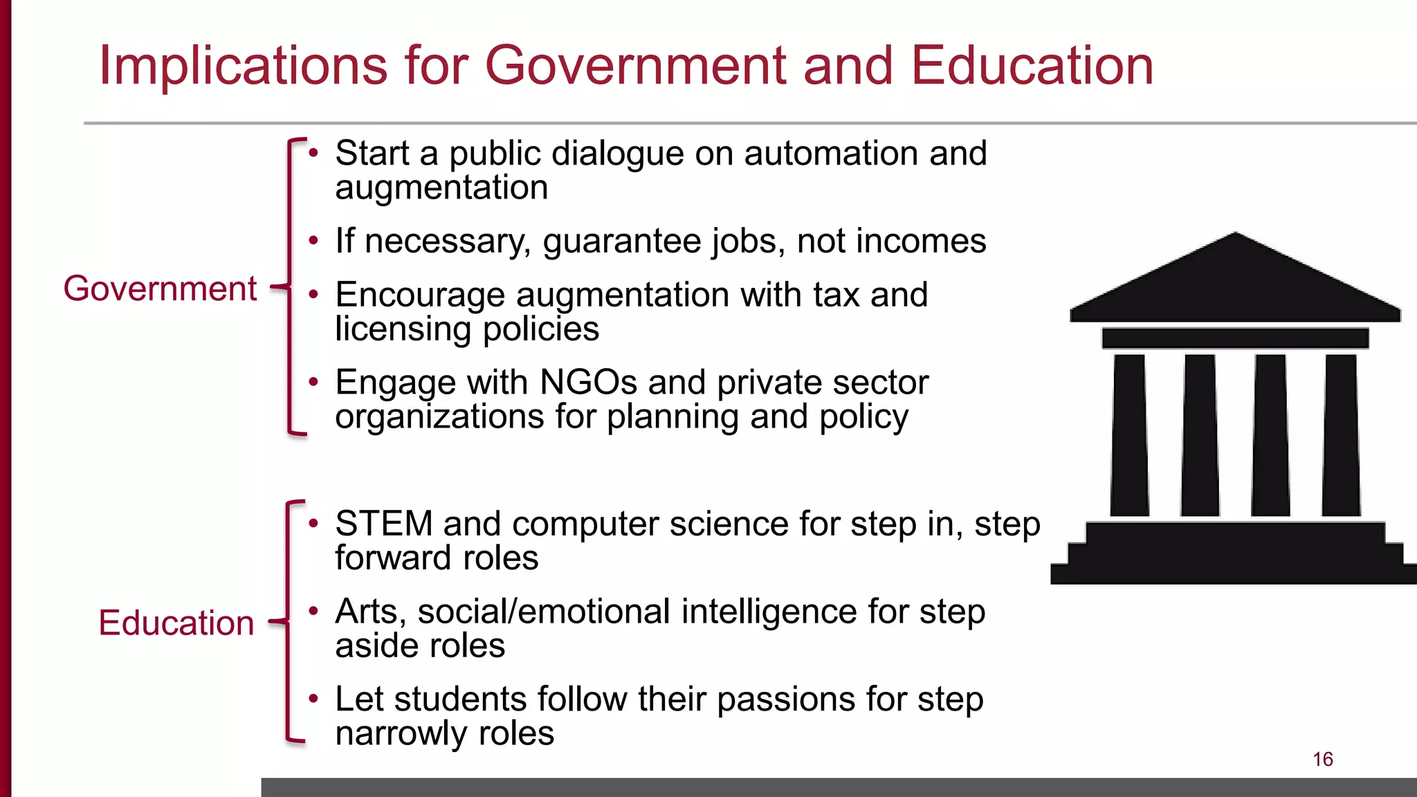 Implications for Government and Education
16
• Start a public dialogue on automation and
augmentation
• If necessary, guarantee jobs, not incomes
• Encourage augmentation with tax and
licensing policies
• Engage with NGOs and private sector
organizations for planning and policy
• STEM and computer science for step in, step
forward roles
• Arts, social/emotional intelligence for step
aside roles
• Let students follow their passions for step
narrowly roles
Government
Education
 