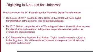 3
Predictions from the IDC FutureScape for Worldwide Digital Transformation:
• By the end of 2017, two-thirds of the CEOs of the G2000 will have digital
transformation at the center of their corporate strategies
• By 2017, 60% of companies with a DX strategy will deem it too critical for any one
Functional area and create an independent corporate executive position to
oversee the implementation
• IDC Research Vice President Bob Parker: "Digital transformation is not just a
technology trend, it is at the center of business strategies across all industry
segments and markets.”
Digitizing Is Not Just for Unicorns!
 