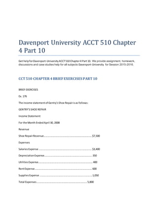 Davenport University ACCT 510 Chapter
4 Part 10
Get helpforDavenport-University ACCT510 Chapter4 Part 10. We provide assignment, homework,
discussions and case studies help for all subjects Davenport-University for Session 2015-2016.
CCT510 CHAPTER 4BRIEFEXERCISES PART10
BRIEF EXERCISES
Ex. 176
The income statementof Gentry'sShoe Repairisas follows:
GENTRY’S SHOE REPAIR
Income Statement
For the Month EndedApril 30, 2008
Revenue
Shoe RepairRevenue...................................................................$7,500
Expenses
SalariesExpense ..........................................................................$3,400
DepreciationExpense...................................................................350
UtilitiesExpense............................................................................400
RentExpense................................................................................600
SuppliesExpense .........................................................................1,050
Total Expenses......................................................................5,800
 