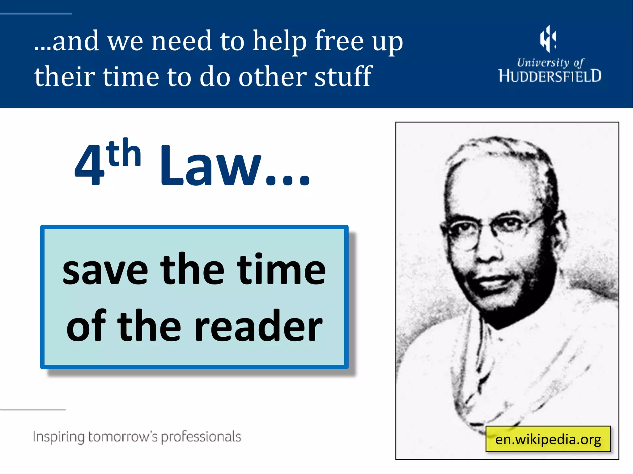 ...and we need to help free up
their time to do other stuff


   4th    Law...
  save the time
  of the reader

                                 en.wikipedia.org
                                              11
 