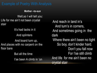 Example of Poetry With Analysis
Mother –to-sun
Well,so I will tell you:
Life for me ain’t not been crystal
stair
It’s had tacks in it
And splinters
And board turn up,
And places with no carpent on the
floor bare
But all the time
I’se been A climb in ‘on
And reach in land in’s
And turn’s in corners,
And sometimes going in the
dark
Where there ain’t been no tight
So boy, don’t kinder hard.
Don’t you fall now
For I’se still climb
And life for me ain’t been no
crystal stair
 