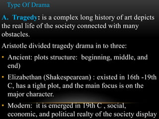 A. Tragedy: is a complex long history of art depicts
the real life of the society connected with many
obstacles.
Aristotle divided tragedy drama in to three:
• Ancient: plots structure: beginning, middle, and
end)
• Elizabethan (Shakespearean) : existed in 16th -19th
C, has a tight plot, and the main focus is on the
major character.
• Modern: it is emerged in 19th C , social,
economic, and political realty of the society display
Type Of Drama
 