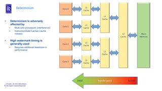 Private | © 2022 Rolls-Royce
No Export License Required
8
Determinism
• Determinism is adversely
affected by
• Multi-core processors (interference)
• Instruction/Data Caches (cache
misses)
• High watermark timing is
generally used
• Requires additional headroom in
performance
Core 0
Core 1
Core 2
Core 3
L2
Cache
L2
Cache
L1
Cache
L1
Cache
L1
Cache
L1
Cache
L3
Cache
Main
Memory
Transfer speed
FAST SLOW
 