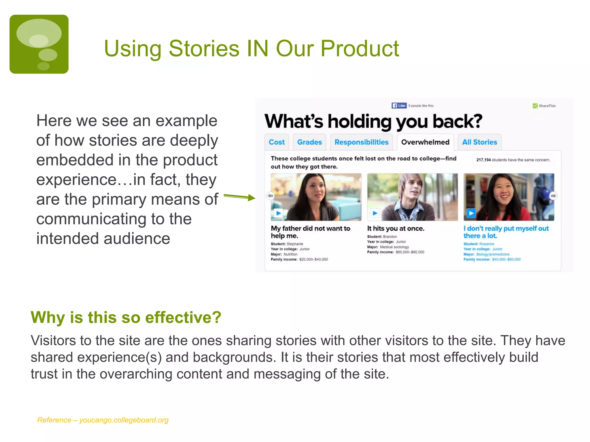 Using Stories IN Our Product
Here we see an example
of how stories are deeply
embedded in the product
experience…in fact, they
are the primary means of
communicating to the
intended audience
Why is this so effective?
Visitors to the site are the ones sharing stories with other visitors to the site. They have
shared experience(s) and backgrounds. It is their stories that most effectively build
trust in the overarching content and messaging of the site.
Reference – youcango.collegeboard.org
 