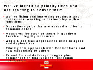 We’ve identified priority fixes and are starting to deliver them We’re fixing and improving products and processes, working in partnership with all functions  Operations priorities are agreed and being communicated Measures for each of these in Quality & Service Integrity measures World Class Mail approaches used to agree and deploy fixes Piloting this approach with Redirections and now expanding to others Ts and Cs and delivery changes plus compensation finalised for Postcomm notification 