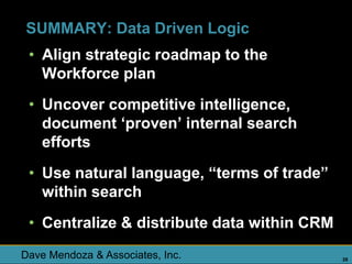 SUMMARY: Data Driven Logic
 • Align strategic roadmap to the
   Workforce plan
 • Uncover competitive intelligence,
   document ‘proven’ internal search
   efforts
 • Use natural language, “terms of trade”
   within search
 • Centralize & distribute data within CRM
Dave Mendoza & Associates, Inc.              28
 