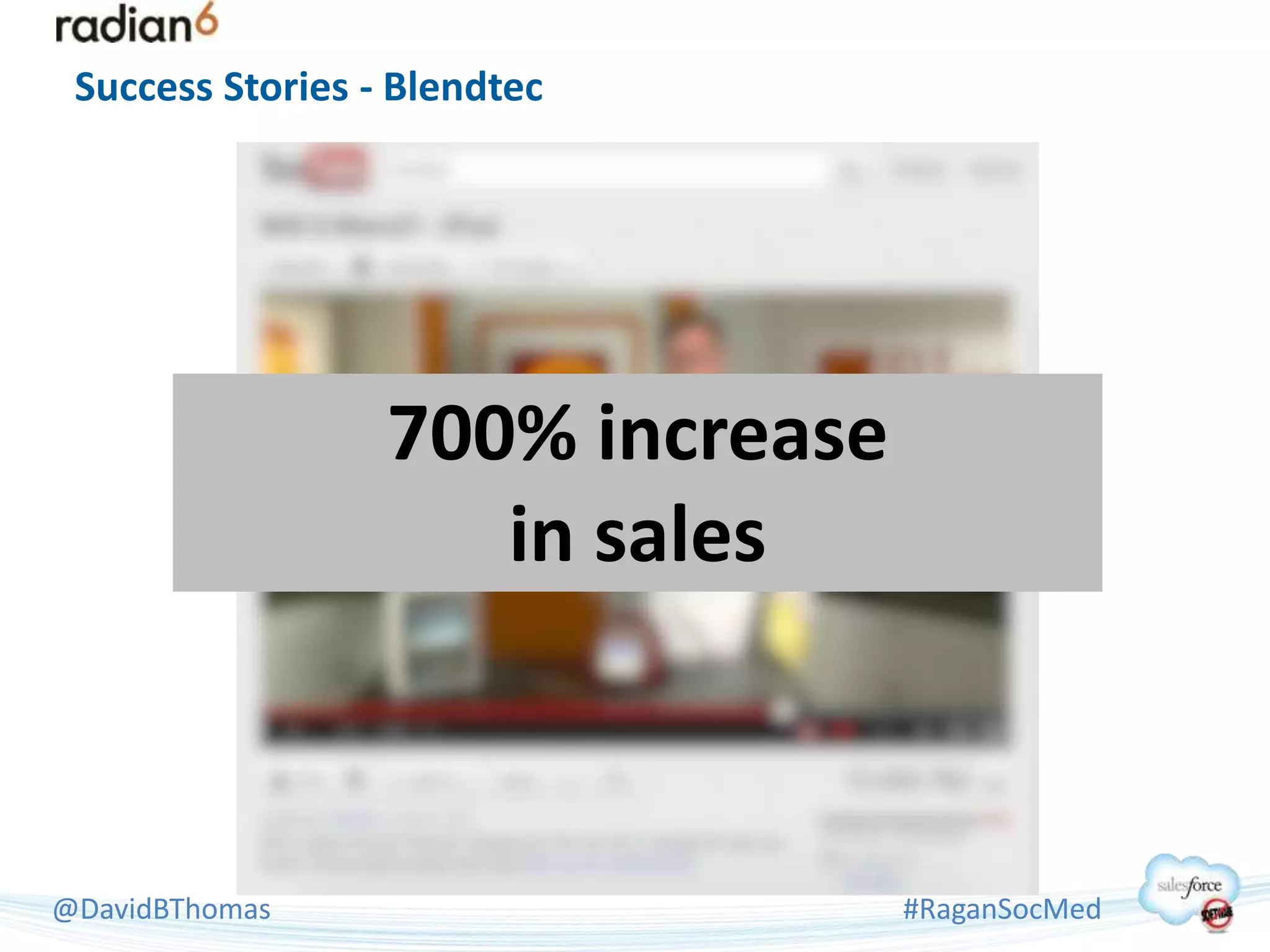 Success Stories - Blendtec




                  700% increase
                     in sales



@DavidBThomas                     #RaganSocMed
 