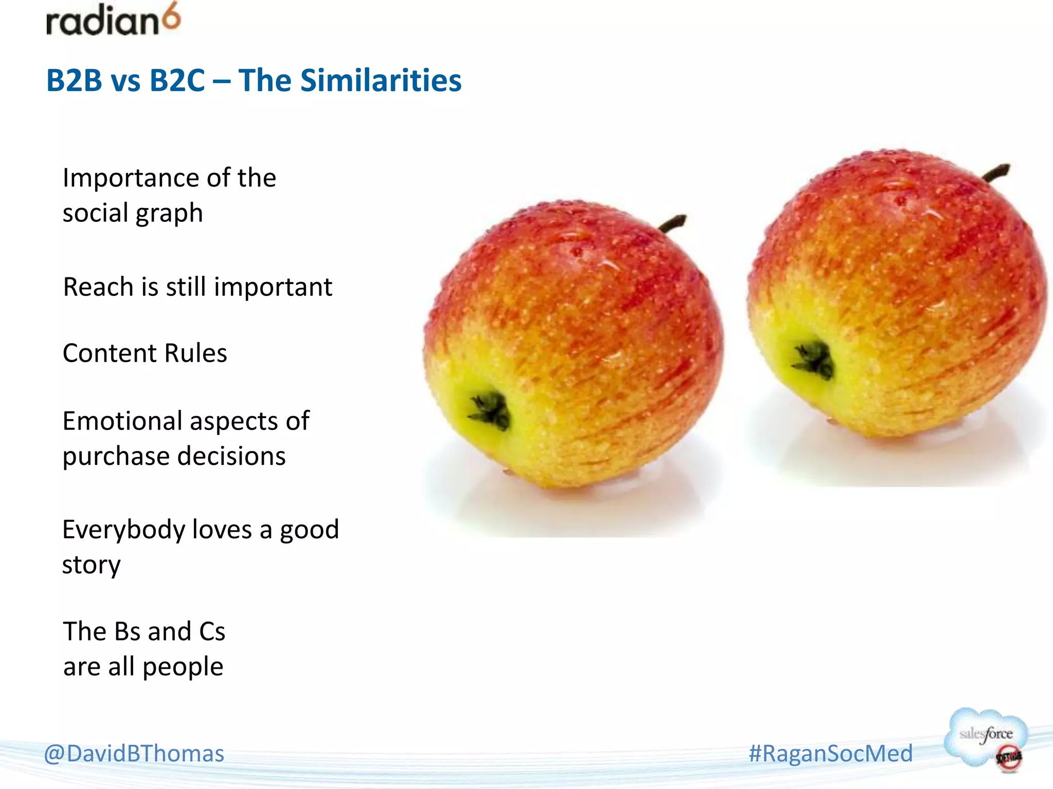 B2B vs B2C – The Similarities

 Importance of the
 social graph

 Reach is still important

 Content Rules

 Emotional aspects of
 purchase decisions

 Everybody loves a good
 story

 The Bs and Cs
 are all people

@DavidBThomas                   #RaganSocMed
 