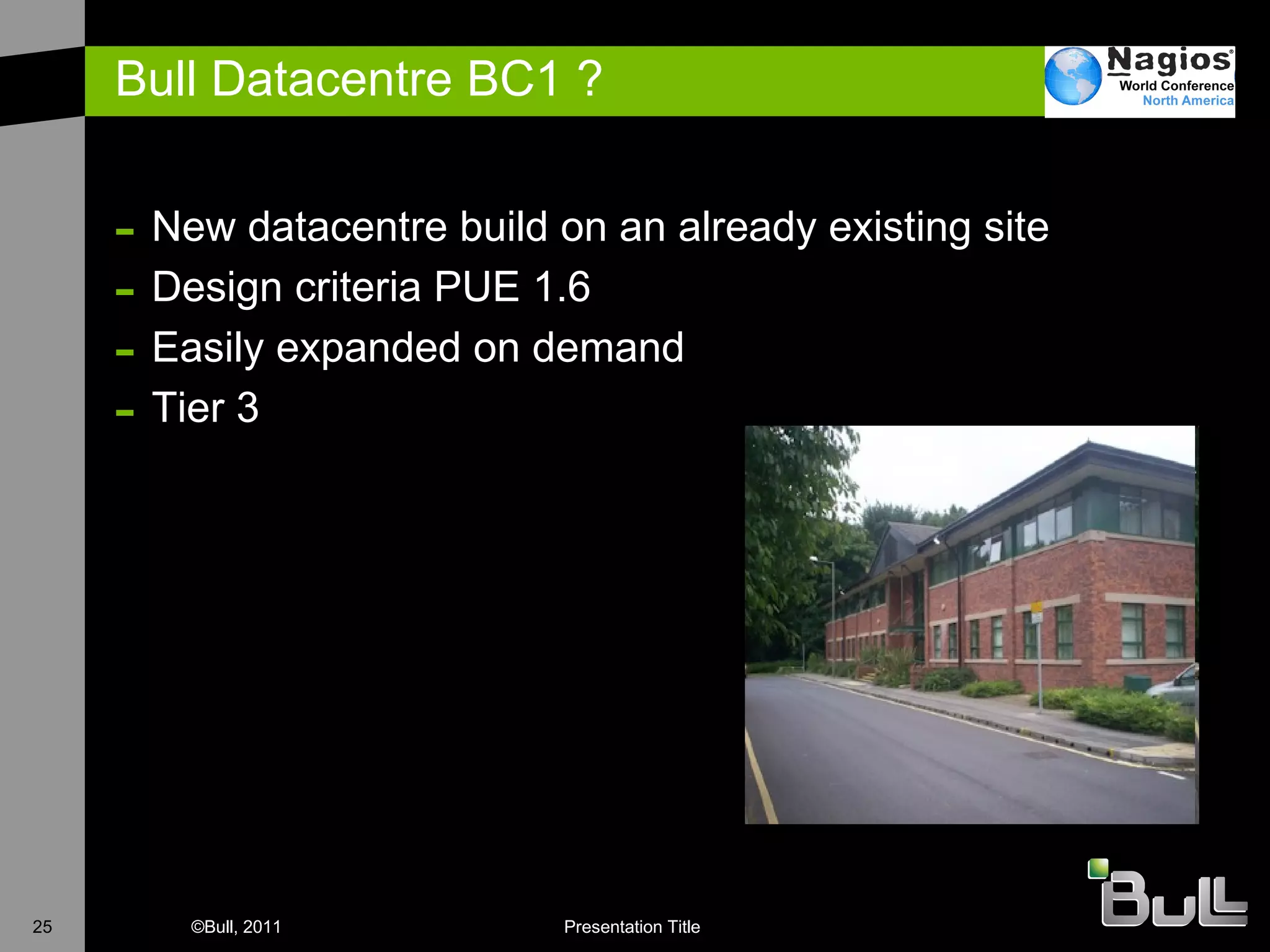 Bull Datacentre BC1 ? New datacentre build on an already existing site Design criteria PUE 1.6  Easily expanded on demand Tier 3 