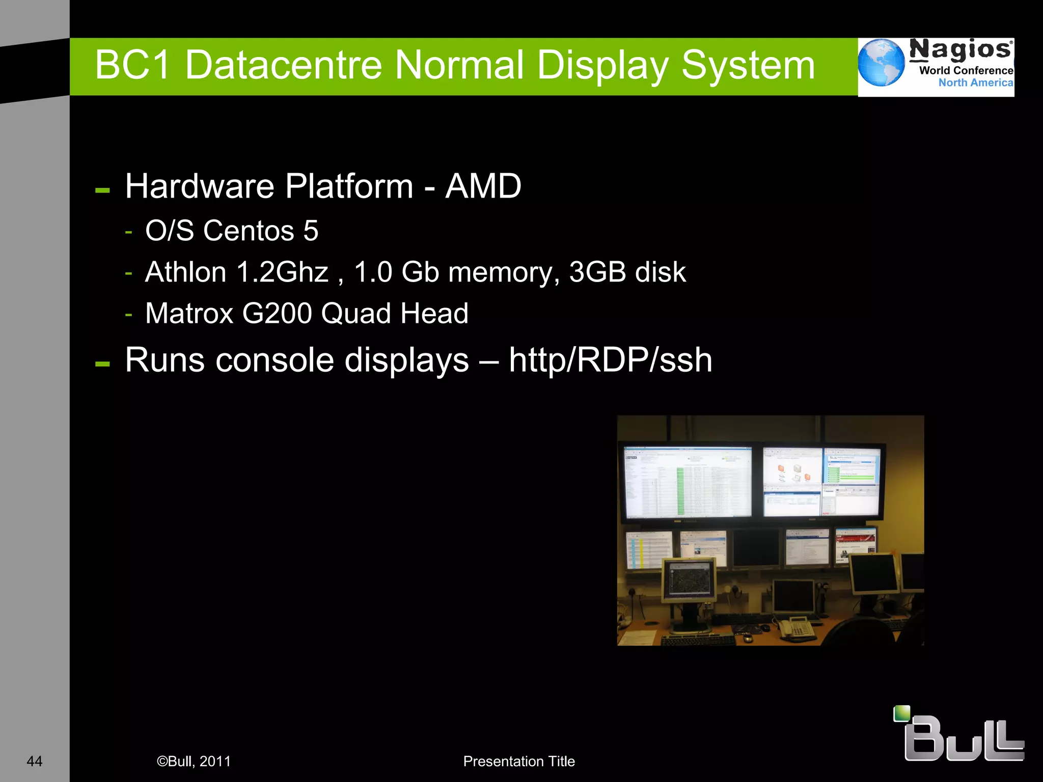 BC1 Datacentre Normal Display System Hardware Platform - AMD O/S Centos 5 Athlon 1.2Ghz , 1.0 Gb memory, 3GB disk Matrox G200 Quad Head  Runs console displays – http/RDP/ssh 